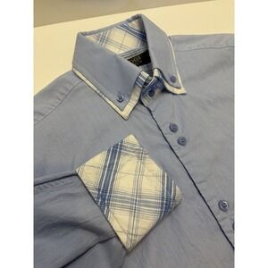 COOGI Luxe Mens M Long Sleeve Button Up Shirt Blue White Double Collar Flip Cuff